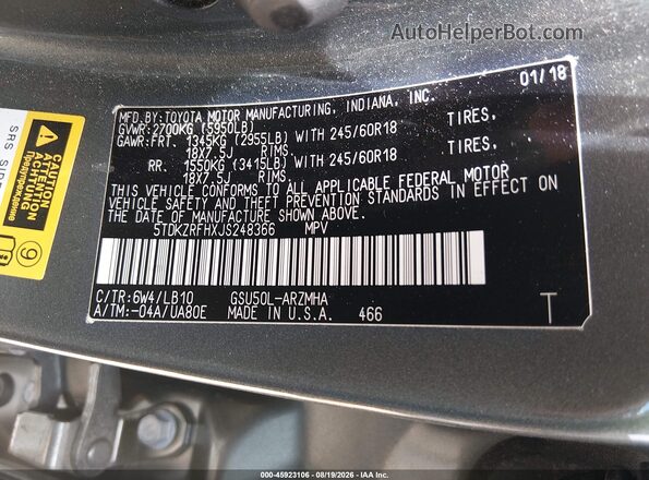 5TDKZRFHXJS248366 2018 TOYOTA HIGHLANDER Green Engine compartment view