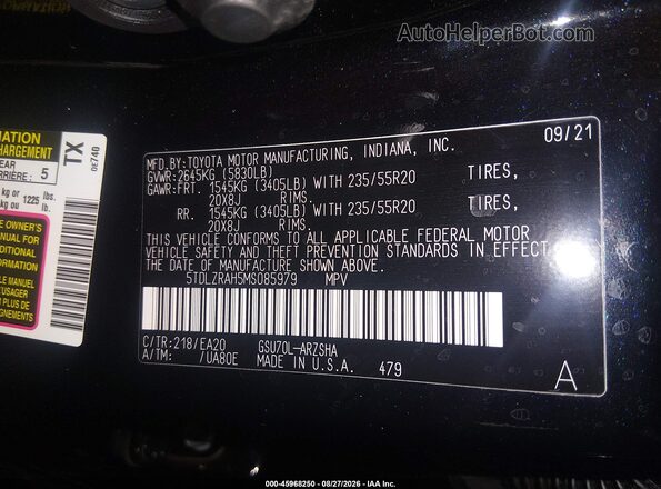 5TDLZRAH5MS085979 2021 TOYOTA HIGHLANDER Black ძრავის განყოფილების ხედი