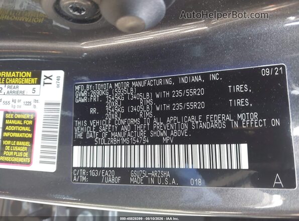 5TDLZRBH1MS154794 2021 TOYOTA HIGHLANDER Gray Вид підкапотного простору