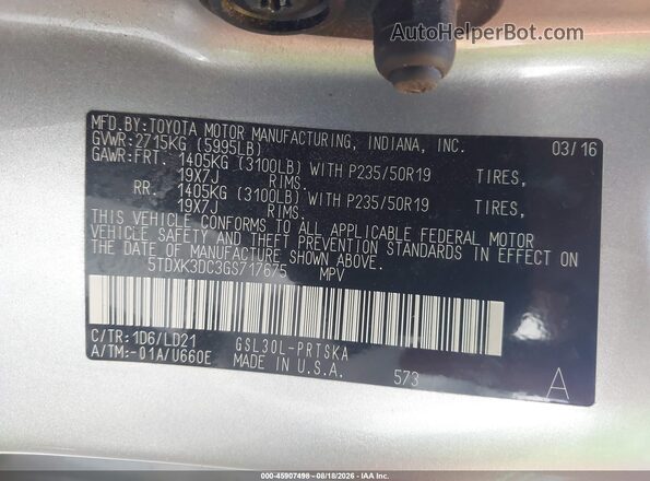 5TDXK3DC3GS717675 2016 TOYOTA SIENNA Silver Widok komory silnika