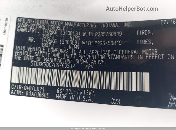 5TDXK3DC7GS763512 2016 TOYOTA SIENNA White Engine compartment view