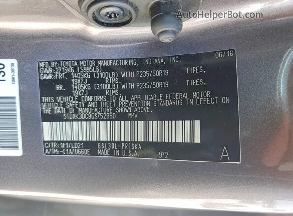 5TDXK3DC9GS752950 2016 TOYOTA SIENNA Gray Вид наклейки з VIN-кодом