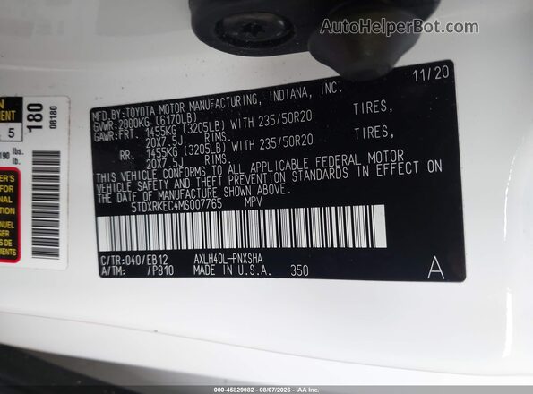 5TDXRKEC4MS007765 2021 TOYOTA SIENNA White Շարժիչի բաժամունքի տեսք