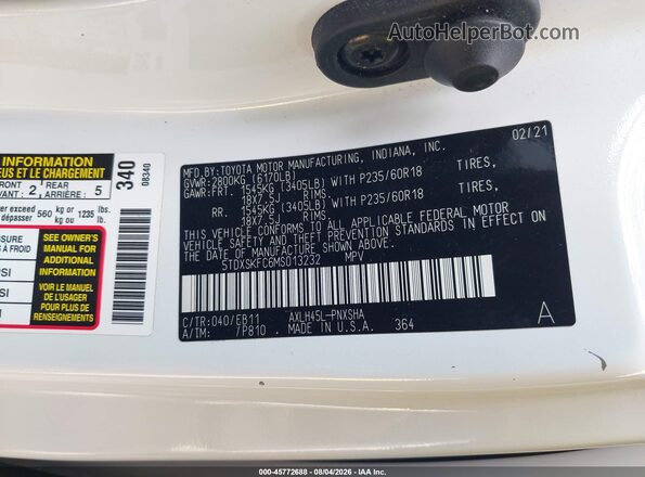 5TDXSKFC6MS013232 2021 TOYOTA SIENNA White Widok komory silnika