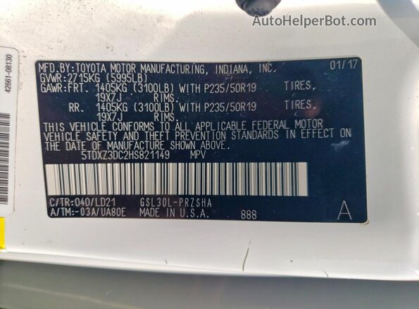 5TDXZ3DC2HS821149 2017 TOYOTA SIENNA White Вид наклейки з VIN-кодом