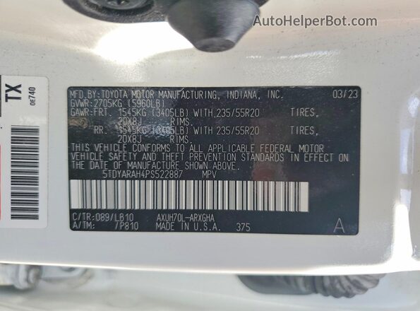 5TDYARAH4PS522887 2023 TOYOTA HIGHLANDER White Widok wnętrza 360 stopni