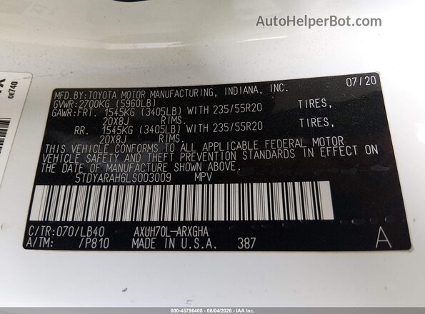 5TDYARAH6LS003009 2020 TOYOTA HIGHLANDER White Вид підкапотного простору