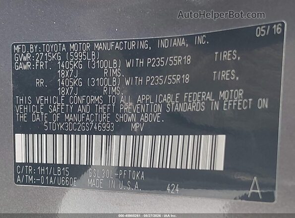 5TDYK3DC2GS746993 2016 TOYOTA SIENNA Gray Вид підкапотного простору