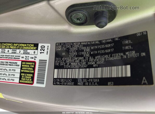 5TDYK3DC3GS759347 2016 TOYOTA SIENNA Beige Շարժիչի բաժամունքի տեսք