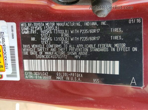 5TDYK3DC4GS703112 2016 TOYOTA SIENNA Burgundy 