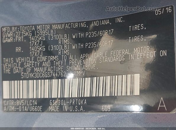 5TDYK3DC6GS744762 2016 TOYOTA SIENNA Blue Engine compartment view