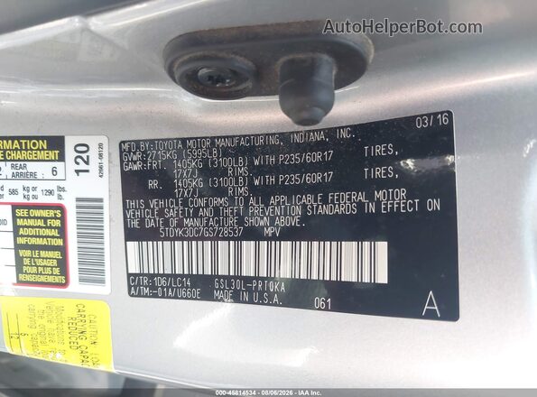 5TDYK3DC7GS728537 2016 TOYOTA SIENNA Silver Engine compartment view