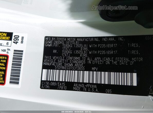 5TDYRKEC0TS313655 2026 TOYOTA SIENNA White Vista del compartimento del motor