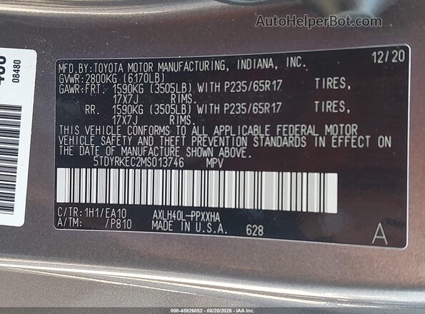5TDYRKEC2MS013746 2021 TOYOTA SIENNA Gray Вид підкапотного простору