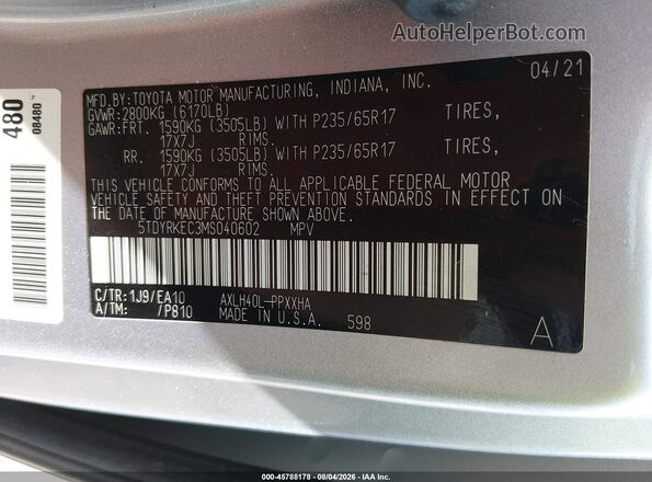 5TDYRKEC3MS040602 2021 TOYOTA SIENNA Silver Շարժիչի բաժամունքի տեսք