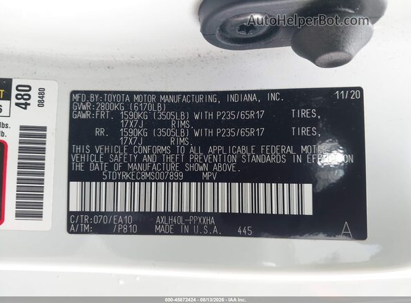 5TDYRKEC8MS007899 2021 TOYOTA SIENNA White Շարժիչի բաժամունքի տեսք