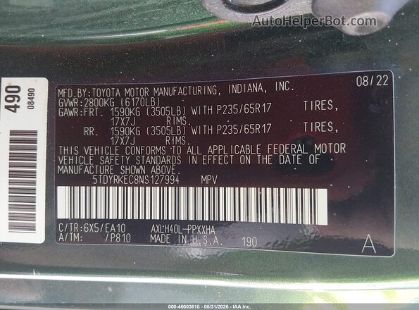 5TDYRKEC8NS127994 2022 TOYOTA SIENNA Green ძრავის განყოფილების ხედი
