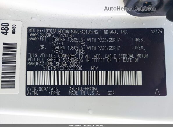 5TDYRKECXSS235836 2025 TOYOTA SIENNA White Շարժիչի բաժամունքի տեսք