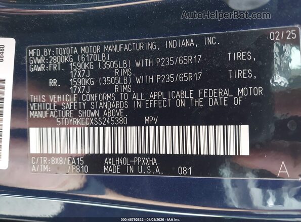5TDYRKECXSS245380 2025 TOYOTA SIENNA Blue Вид підкапотного простору