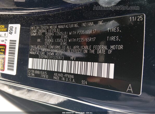 5TDYRKECXTS293673 2026 TOYOTA SIENNA Blue Engine compartment view