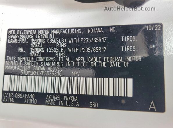 5TDYSKFC7PS076316 2023 TOYOTA SIENNA White Widok wnętrza 360 stopni