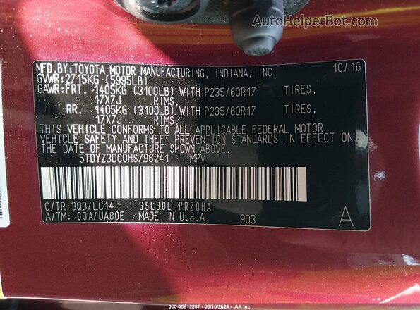 5TDYZ3DC0HS796241 2017 TOYOTA SIENNA Red Շարժիչի բաժամունքի տեսք