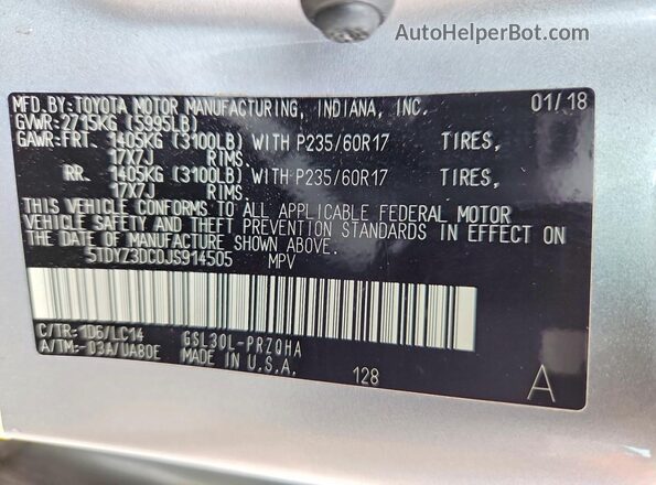 5TDYZ3DC0JS914505 2018 TOYOTA SIENNA Silver VIN կոդի պիտակի տեսք