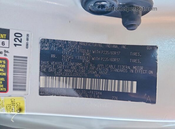 5TDYZ3DC0JS932776 2018 TOYOTA SIENNA White VIN sticker view