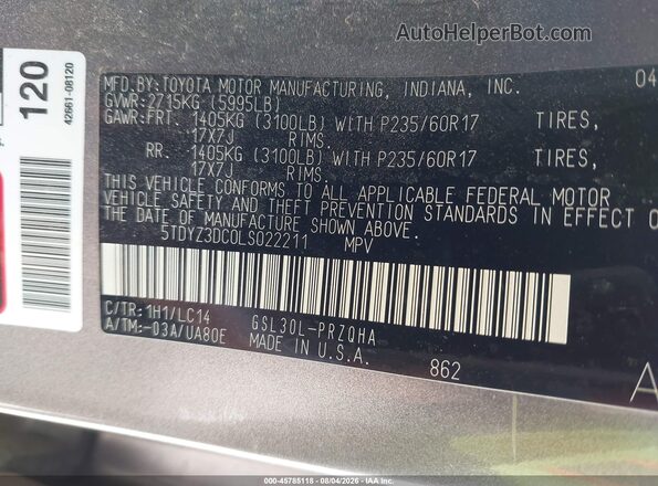5TDYZ3DC0LS022211 2020 TOYOTA SIENNA Серый Вид подкапотного пространства