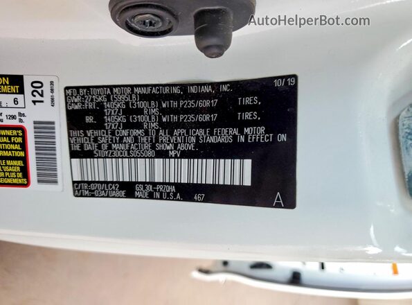 5TDYZ3DC0LS055080 2020 TOYOTA SIENNA White VIN կոդի պիտակի տեսք