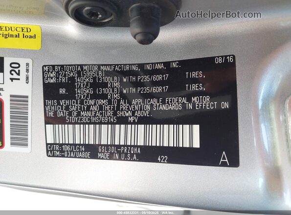 5TDYZ3DC1HS769145 2017 TOYOTA SIENNA Silver Շարժիչի բաժամունքի տեսք