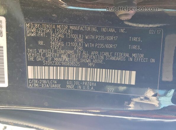 5TDYZ3DC1HS826525 2017 TOYOTA SIENNA Черный Вид наклейки с VIN-кодом