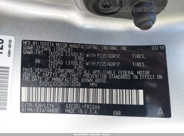 5TDYZ3DC2KS013556 2019 TOYOTA SIENNA Серебряный Вид подкапотного пространства