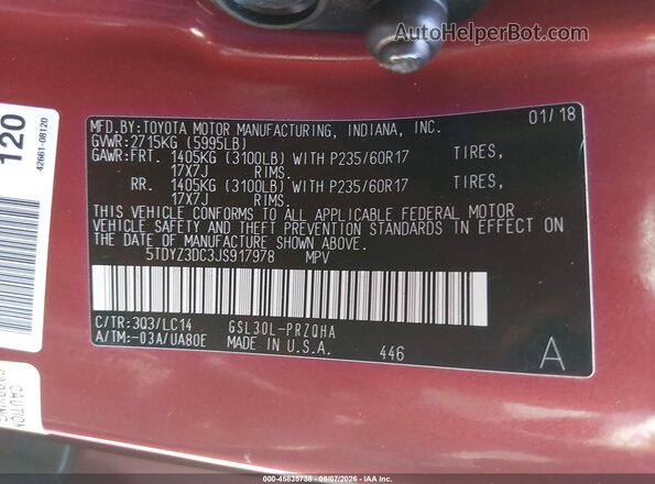 5TDYZ3DC3JS917978 2018 TOYOTA SIENNA Red Շարժիչի բաժամունքի տեսք