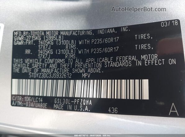 5TDYZ3DC3JS932612 2018 TOYOTA SIENNA Gray Вид підкапотного простору