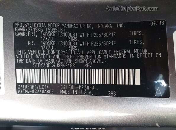 5TDYZ3DC4JS942498 2018 TOYOTA SIENNA Gray Widok komory silnika