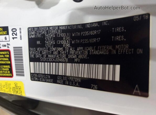 5TDYZ3DC4JS946678 2018 TOYOTA SIENNA White VIN კოდის სტიკერის ხედი