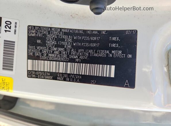 5TDYZ3DC6HS826522 2017 TOYOTA SIENNA White VIN კოდის სტიკერის ხედი