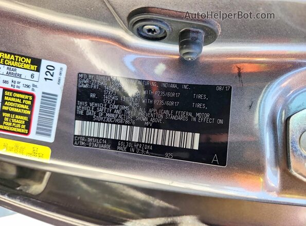 5TDYZ3DC7HS878676 2017 TOYOTA SIENNA Угольный Вид наклейки с VIN-кодом