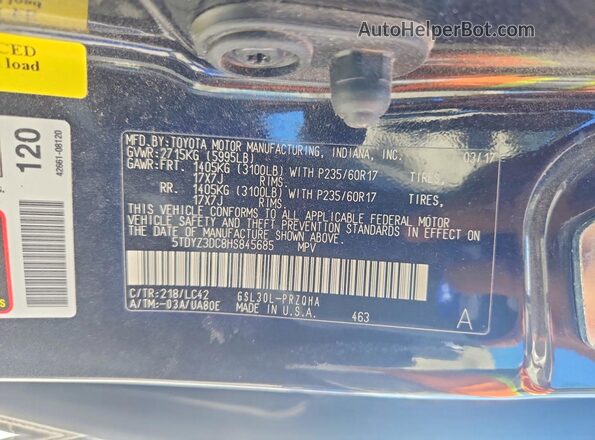 5TDYZ3DC8HS845685 2017 TOYOTA SIENNA Black VIN კოდის სტიკერის ხედი