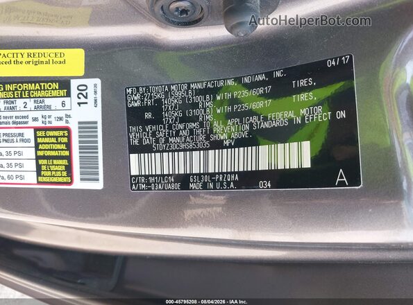 5TDYZ3DC9HS853035 2017 TOYOTA SIENNA Gray Vista del compartimento del motor