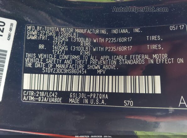 5TDYZ3DC9HS860454 2017 TOYOTA SIENNA Black Widok komory silnika