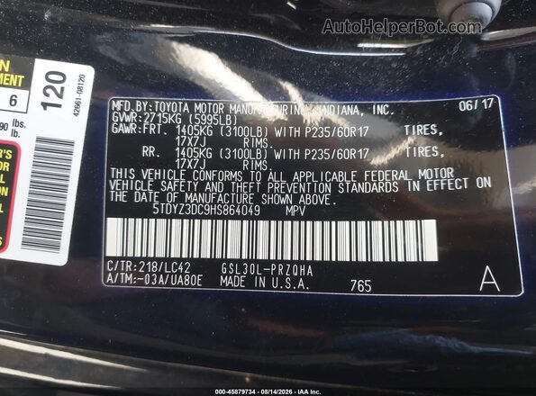 5TDYZ3DC9HS864049 2017 TOYOTA SIENNA Black Engine compartment view