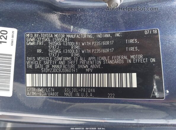 5TDYZ3DC9JS960141 2018 TOYOTA SIENNA Dark Blue ძრავის განყოფილების ხედი
