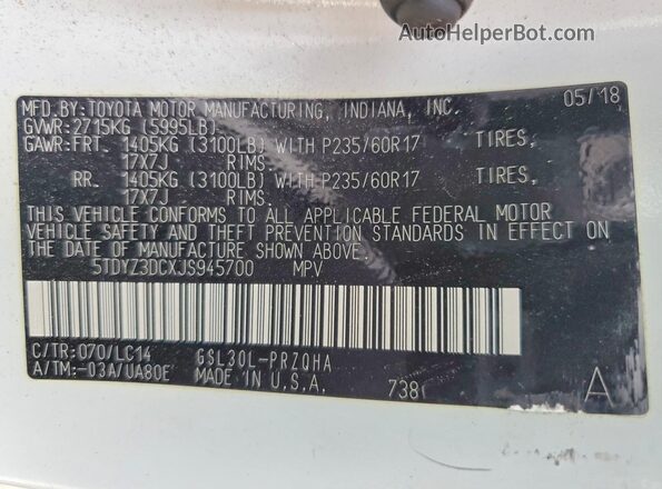5TDYZ3DCXJS945700 2018 TOYOTA SIENNA Белый Панорамный вид салона 360°
