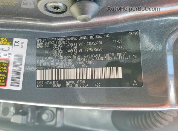 5TDYZRAH4LS025695 2020 TOYOTA HIGHLANDER Gray VIN կոդի պիտակի տեսք