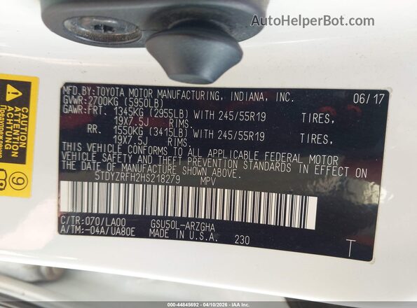 5TDYZRFH2HS218279 2017 TOYOTA HIGHLANDER White Widok komory silnika