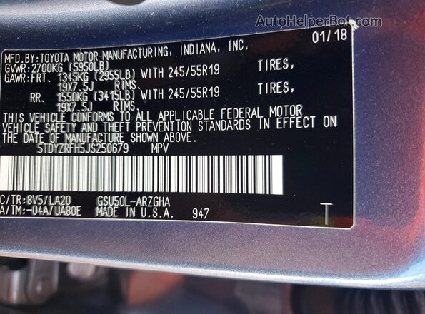 5TDYZRFH5JS250679 2018 TOYOTA HIGHLANDER Blue Панорамний вид салону 360°