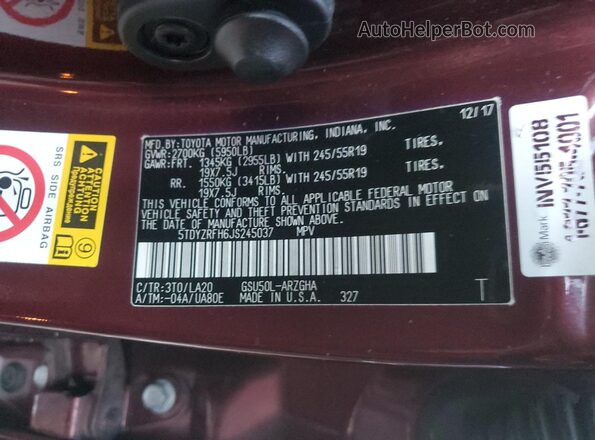 5TDYZRFH6JS245037 2018 TOYOTA HIGHLANDER Maroon 