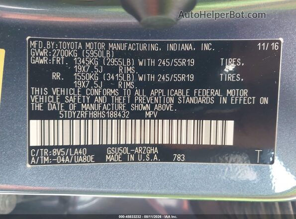 5TDYZRFH8HS188432 2017 TOYOTA HIGHLANDER Синий Вид подкапотного пространства